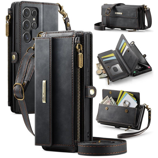 CASEME C39 Series For Samsung Galaxy S24 Ultra Case RFID Blocking 9 Card Slots Zipper Wallet Stand Leather Cover with Strap - Black - 1