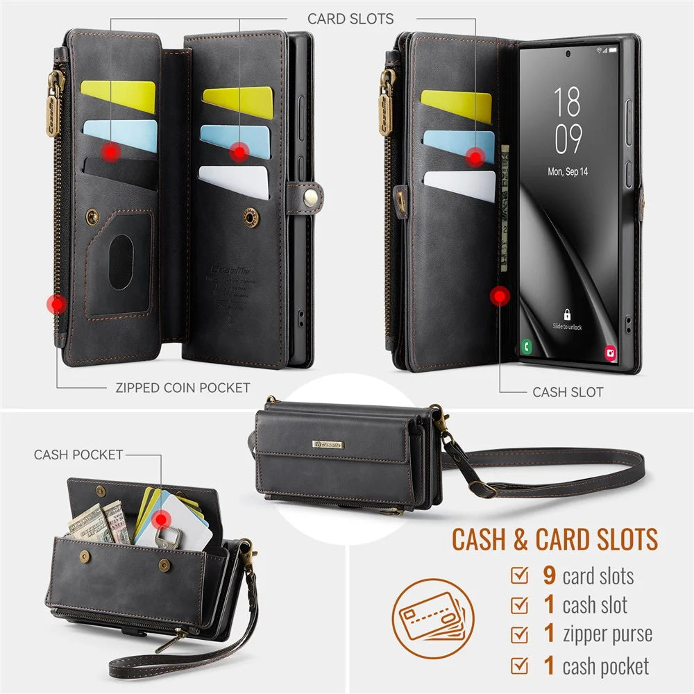 CASEME C39 Series For Samsung Galaxy S24 Ultra Case RFID Blocking 9 Card Slots Zipper Wallet Stand Leather Cover with Strap - Black - 3