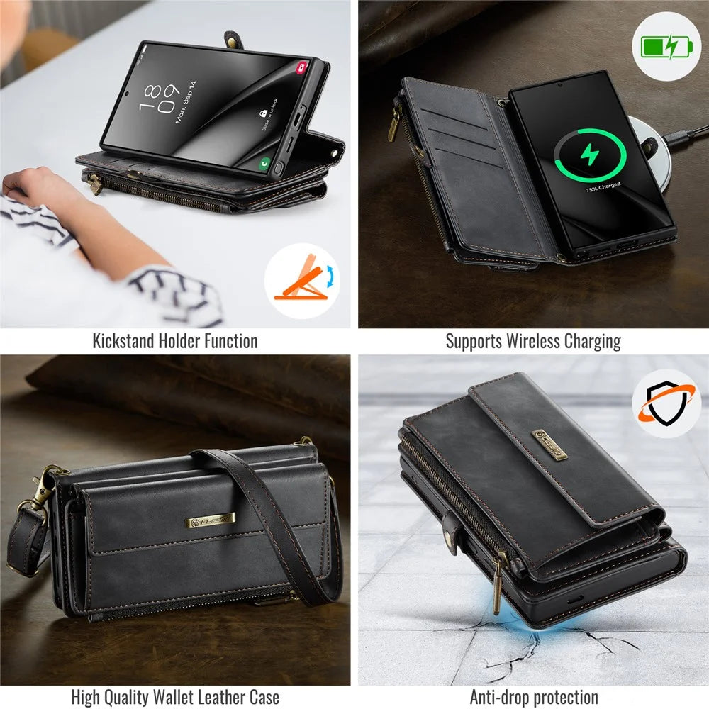 CASEME C39 Series For Samsung Galaxy S24 Ultra Case RFID Blocking 9 Card Slots Zipper Wallet Stand Leather Cover with Strap - Black - 6
