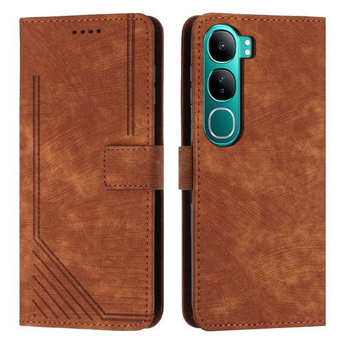Phone Case for vivo Y300 5G / V40 Lite (Indonesia) 4G / V40 Lite (Indonesia) 5G / Y200 5G Imprinted Lines Leather Cover with Stand - Brown - 1