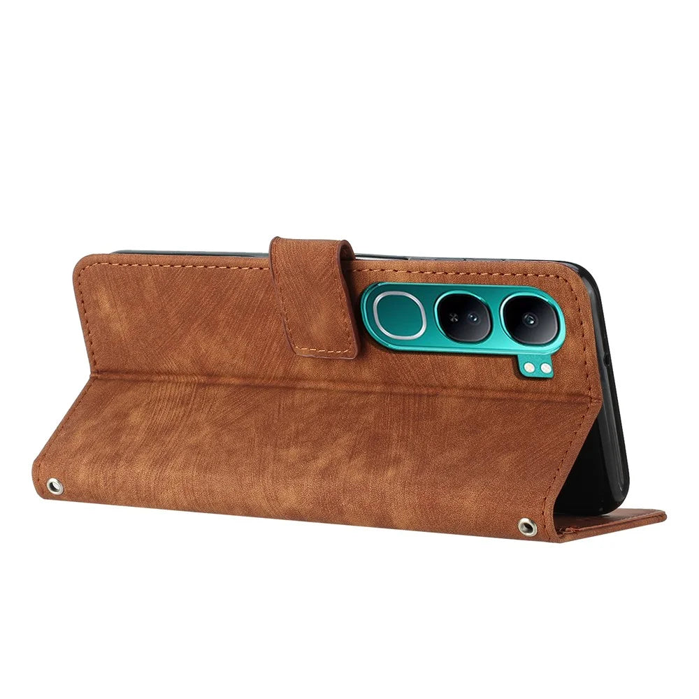 Phone Case for vivo Y300 5G / V40 Lite (Indonesia) 4G / V40 Lite (Indonesia) 5G / Y200 5G Imprinted Lines Leather Cover with Stand - Brown - 3