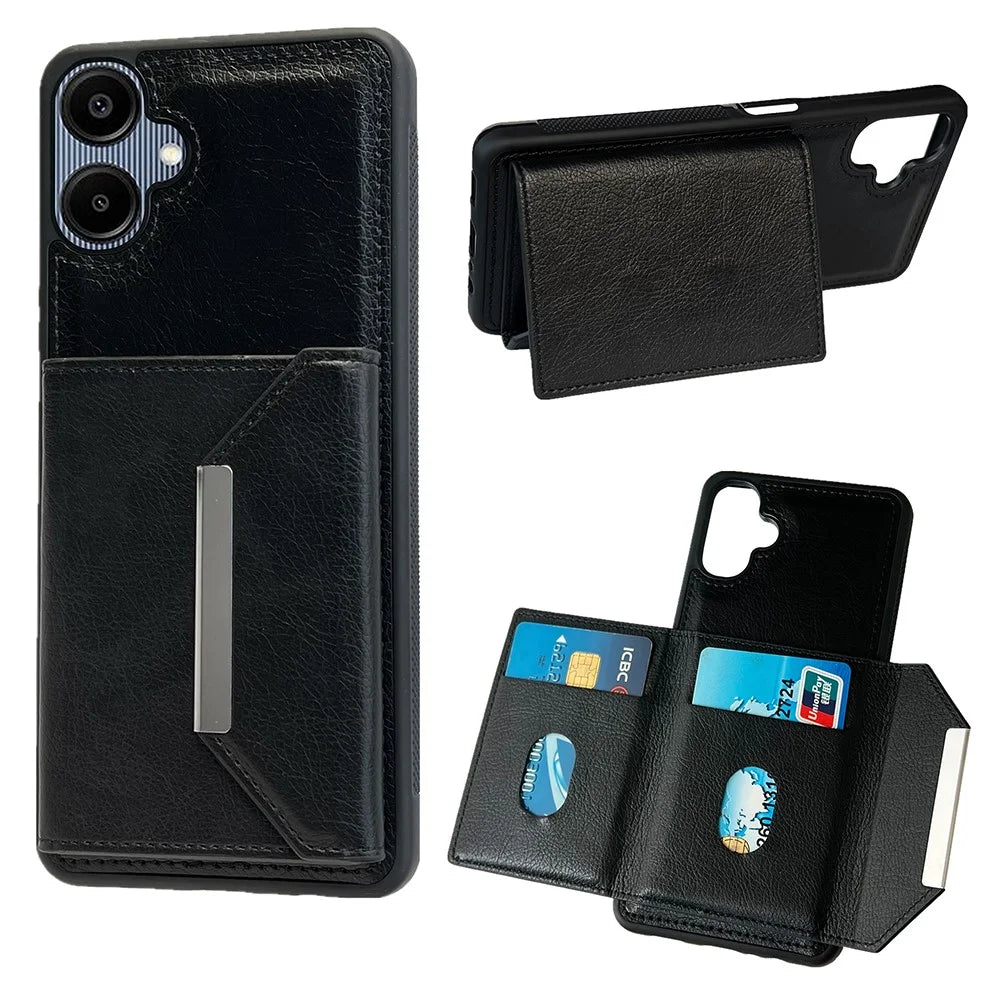 For Samsung Galaxy A06 5G / A06 4G Case Card Bag Kickstand TPU + PU Phone Cover - Black - 1