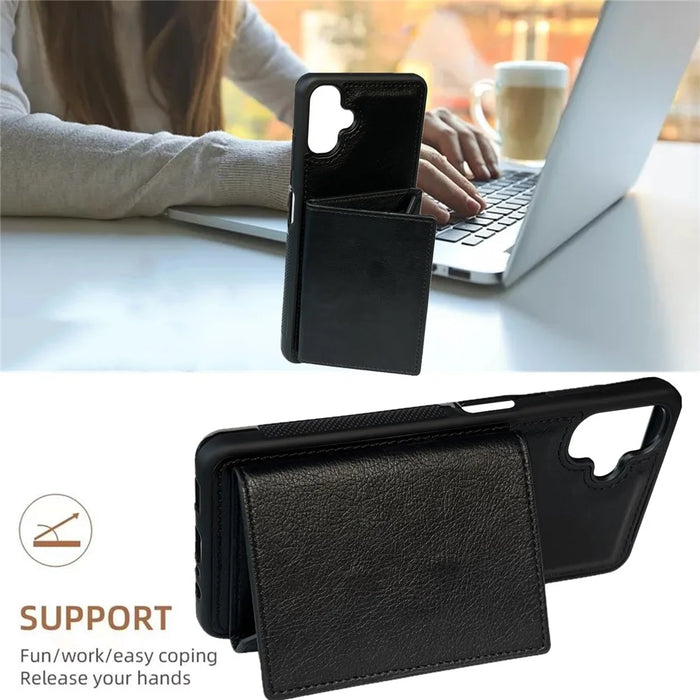 For Samsung Galaxy A06 5G / A06 4G Case Card Bag Kickstand TPU + PU Phone Cover - Black - 7