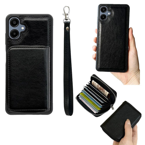 For Samsung Galaxy A06 4G Case Detachable Zipper Card Bag PU TPU Kickstand Phone Case with Strap - Black - 1