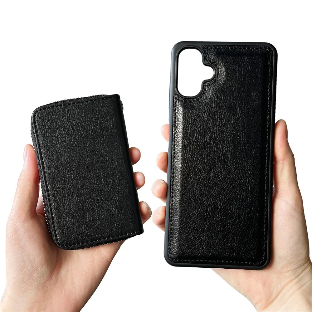 For Samsung Galaxy A06 4G Case Detachable Zipper Card Bag PU TPU Kickstand Phone Case with Strap - Black - 4