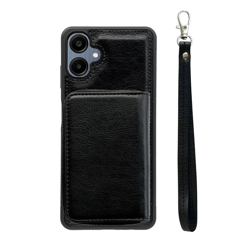 For Samsung Galaxy A06 4G Case Detachable Zipper Card Bag PU TPU Kickstand Phone Case with Strap - Black - 7