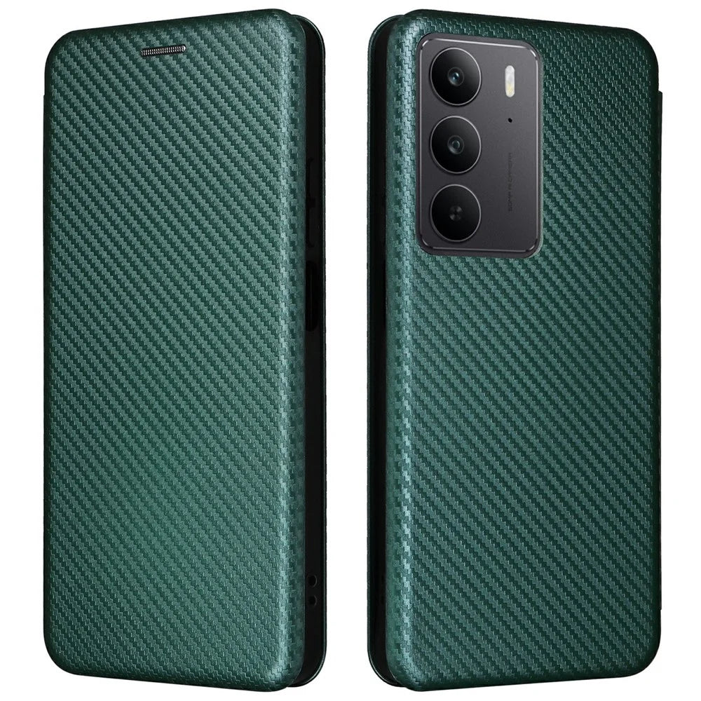 For Realme C75 4G Case Carbon Fiber Texture Drop-Proof PU Leather Phone Cover - Green - 1