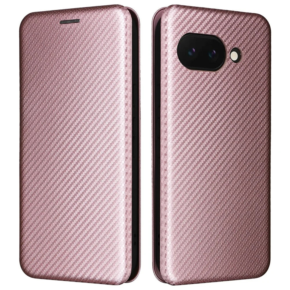 For Google Pixel 9a Case Carbon Fiber Texture Drop-Proof PU Leather Phone Cover - Rose Gold - 1