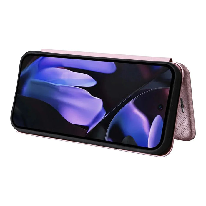 For Google Pixel 9a Case Carbon Fiber Texture Drop-Proof PU Leather Phone Cover - Rose Gold - 3