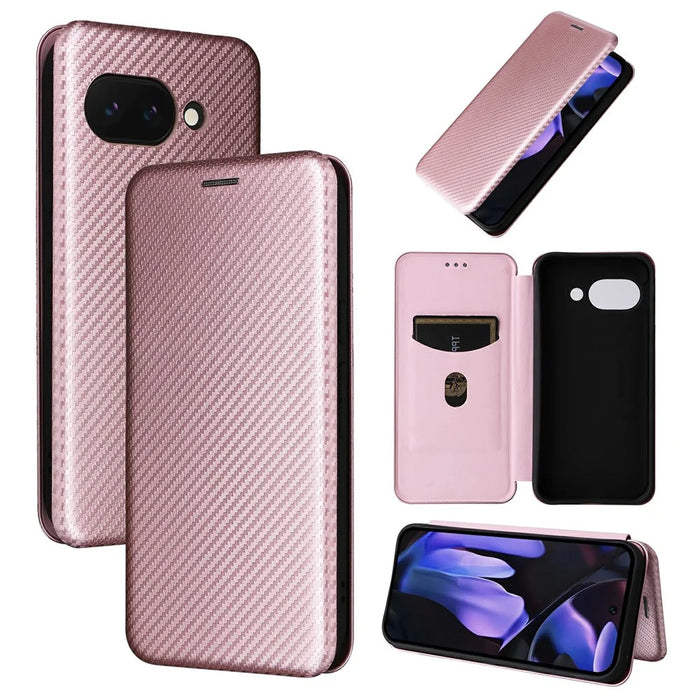 For Google Pixel 9a Case Carbon Fiber Texture Drop-Proof PU Leather Phone Cover - Rose Gold - 7