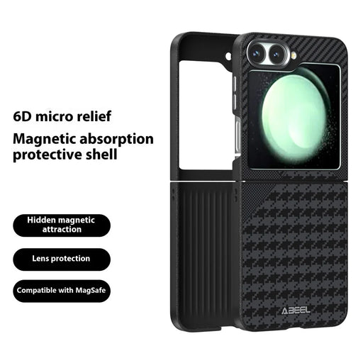 ABEEL For Samsung Galaxy Z Flip7 FE 5G / Z Flip6 5G Magnetic Case Micro-Embossing PC TPU Aluminum Alloy Leather Phone Cover - 2