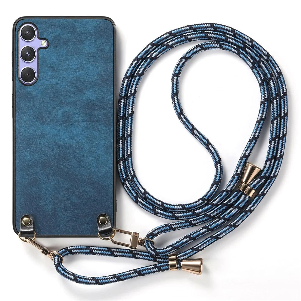 For Samsung Galaxy S24 FE Retro Leather Phone Back Cover with Adjustable Strap - Blue - 2