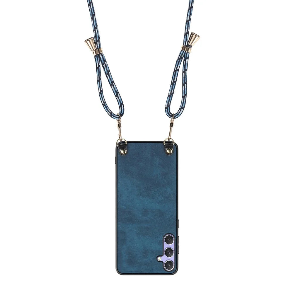 For Samsung Galaxy S24 FE Retro Leather Phone Back Cover with Adjustable Strap - Blue - 3