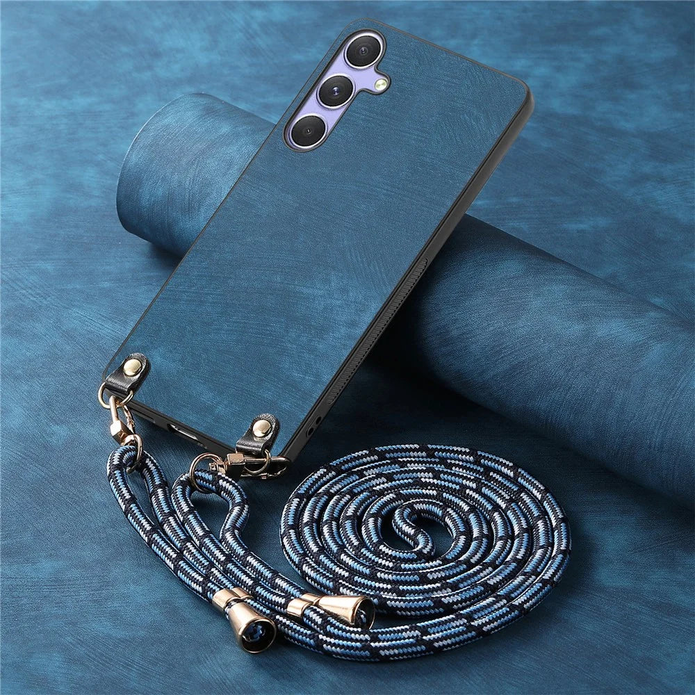 For Samsung Galaxy S24 FE Retro Leather Phone Back Cover with Adjustable Strap - Blue - 4