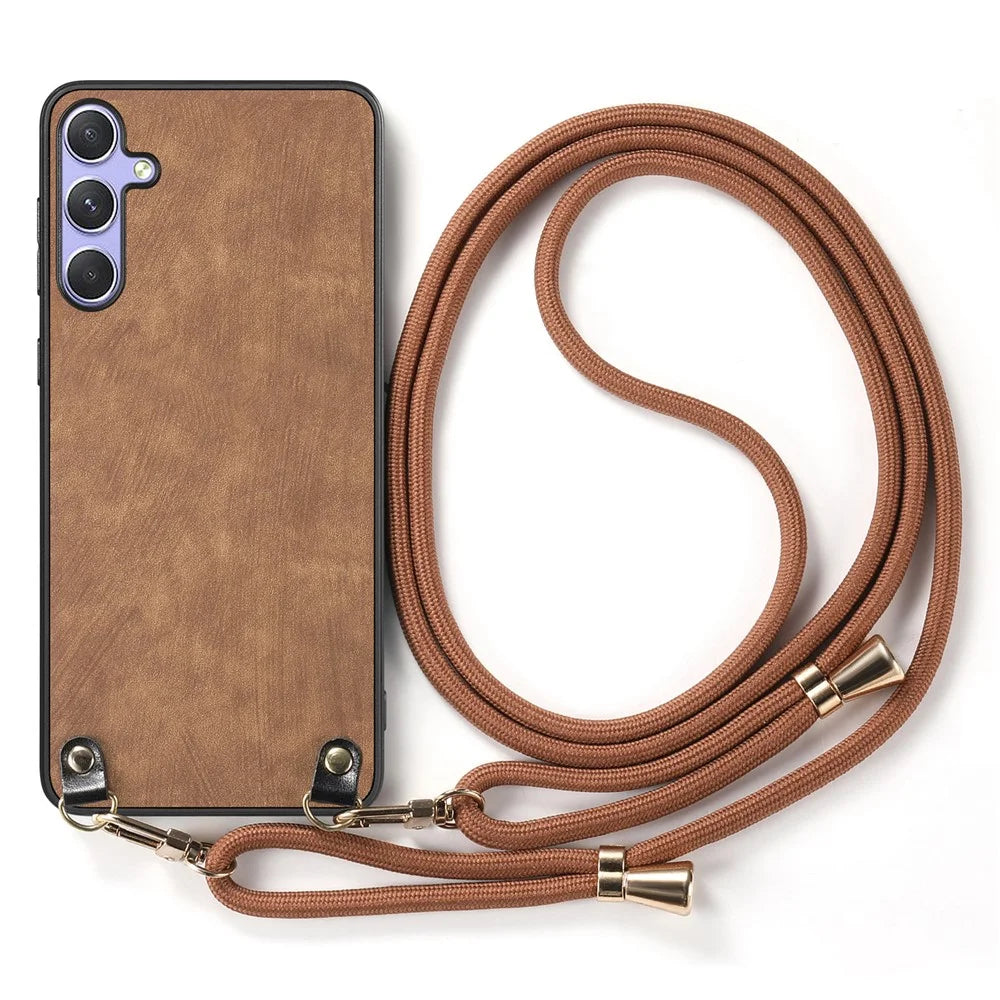 For Samsung Galaxy S23 FE Retro Leather Phone Back Cover with Adjustable Strap - Brown - 2