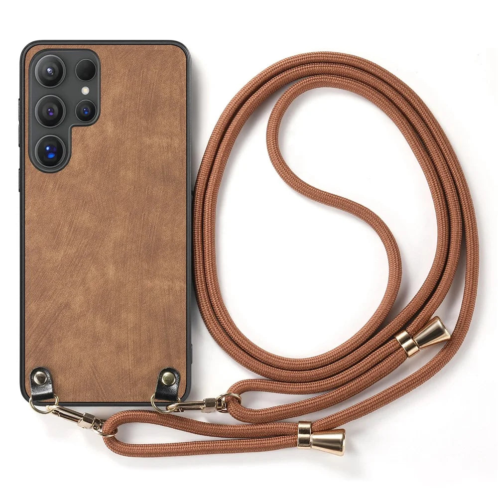 For Samsung Galaxy S24 Ultra Retro Leather Phone Back Cover with Adjustable Strap - Brown - 2