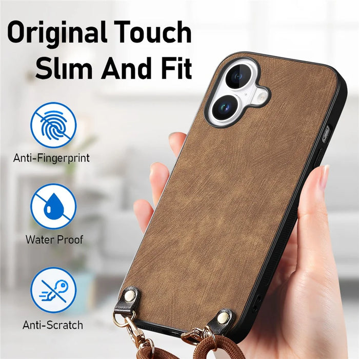 For iPhone 16 Retro Leather Phone Back Cover with Adjustable Strap - Brown - 5
