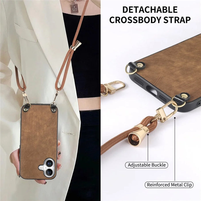 For iPhone 16 Retro Leather Phone Back Cover with Adjustable Strap - Brown - 7