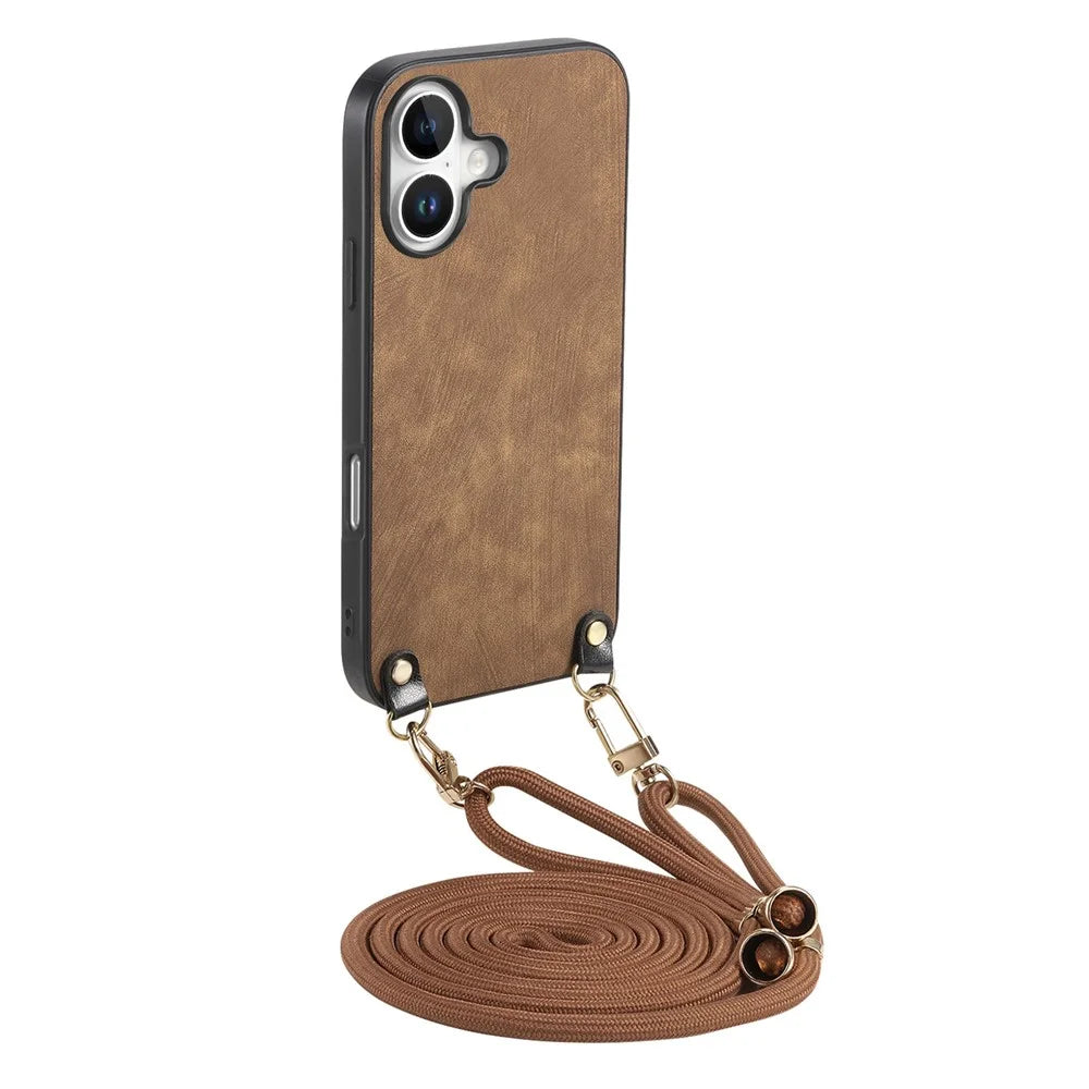 For iPhone 16 Plus Retro Leather Phone Back Cover with Adjustable Strap - Brown - 1