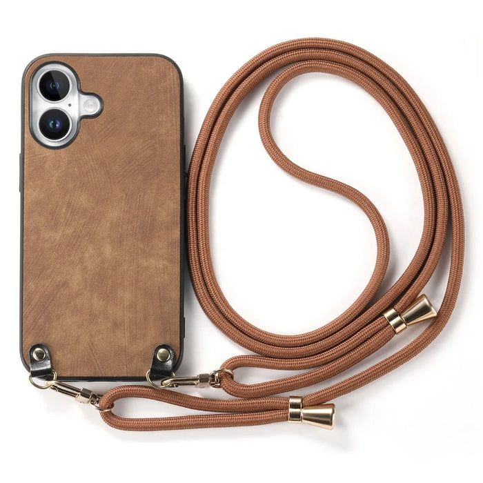 For iPhone 16 Plus Retro Leather Phone Back Cover with Adjustable Strap - Brown - 2