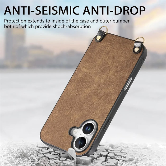 For iPhone 16 Plus Retro Leather Phone Back Cover with Adjustable Strap - Brown - 4