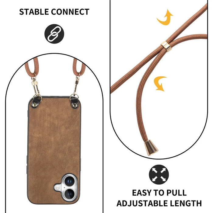 For iPhone 16 Plus Retro Leather Phone Back Cover with Adjustable Strap - Brown - 6