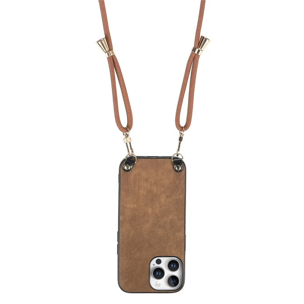 For iPhone 16 Pro Retro Leather Phone Back Cover with Adjustable Strap - Brown - 3