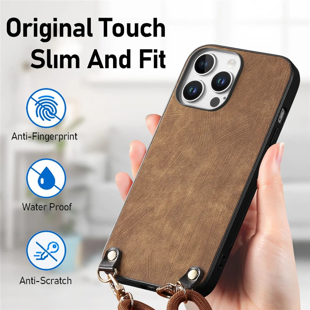 For iPhone 16 Pro Retro Leather Phone Back Cover with Adjustable Strap - Brown - 5