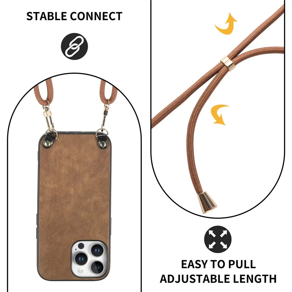 For iPhone 16 Pro Retro Leather Phone Back Cover with Adjustable Strap - Brown - 6