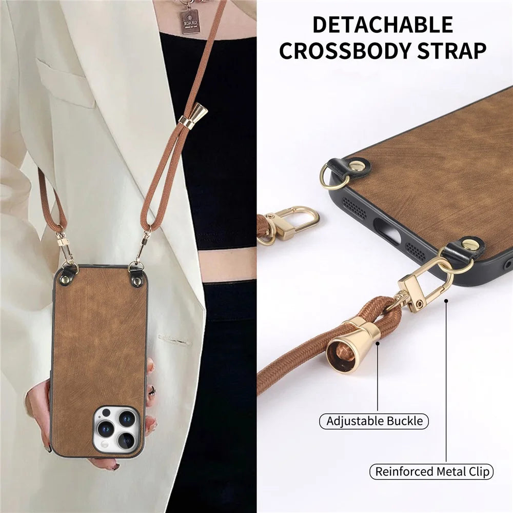 For iPhone 16 Pro Retro Leather Phone Back Cover with Adjustable Strap - Brown - 7