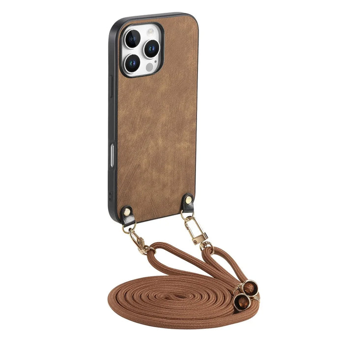 For iPhone 16 Pro Max Retro Leather Phone Back Cover with Adjustable Strap - Brown - 1
