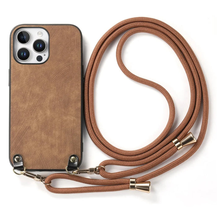For iPhone 16 Pro Max Retro Leather Phone Back Cover with Adjustable Strap - Brown - 2