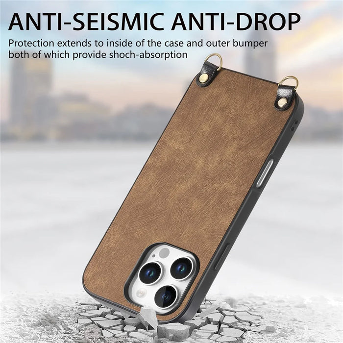 For iPhone 16 Pro Max Retro Leather Phone Back Cover with Adjustable Strap - Brown - 4