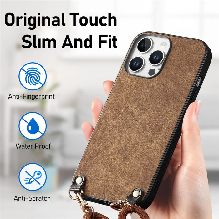 For iPhone 16 Pro Max Retro Leather Phone Back Cover with Adjustable Strap - Brown - 5