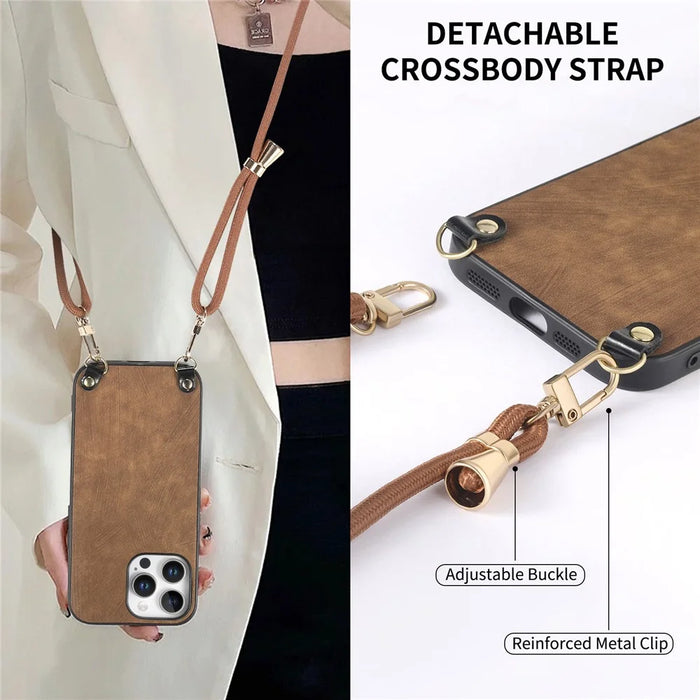 For iPhone 16 Pro Max Retro Leather Phone Back Cover with Adjustable Strap - Brown - 7