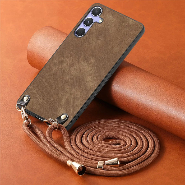 For Samsung Galaxy A14 4G / Galaxy A14 5G Retro Leather Phone Back Cover with Adjustable Strap - Brown - 4