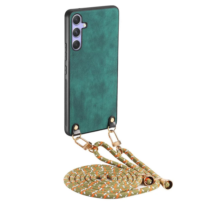 For Samsung Galaxy A05s 4G Retro Leather Phone Back Cover with Adjustable Strap - Green - 1