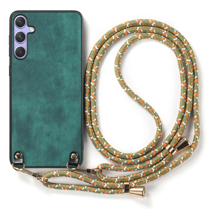 For Samsung Galaxy A05s 4G Retro Leather Phone Back Cover with Adjustable Strap - Green - 2