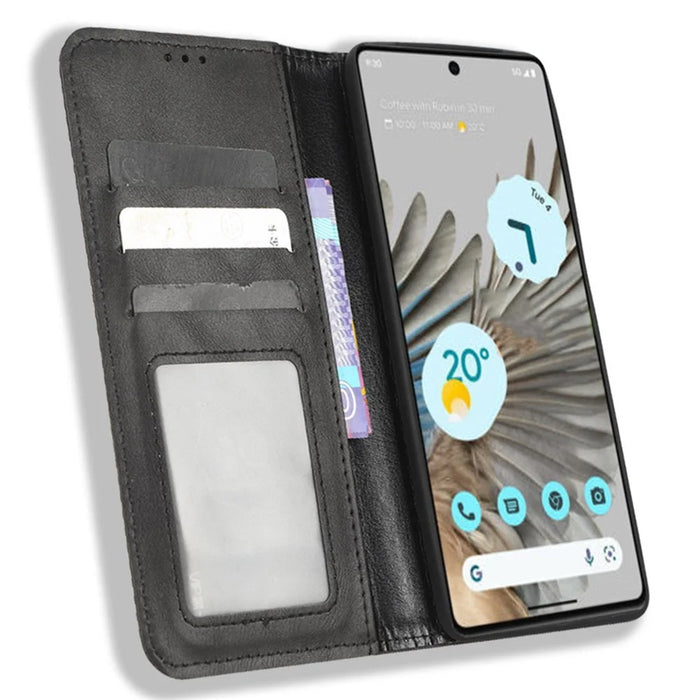 Cell Phone Cover For Google Pixel 7 5G, Wallet Case Magnetic Auto Closing PU Leather Retro Imprint Pattern Anti-Srcratch Phone Shell with Stand - Black - 2