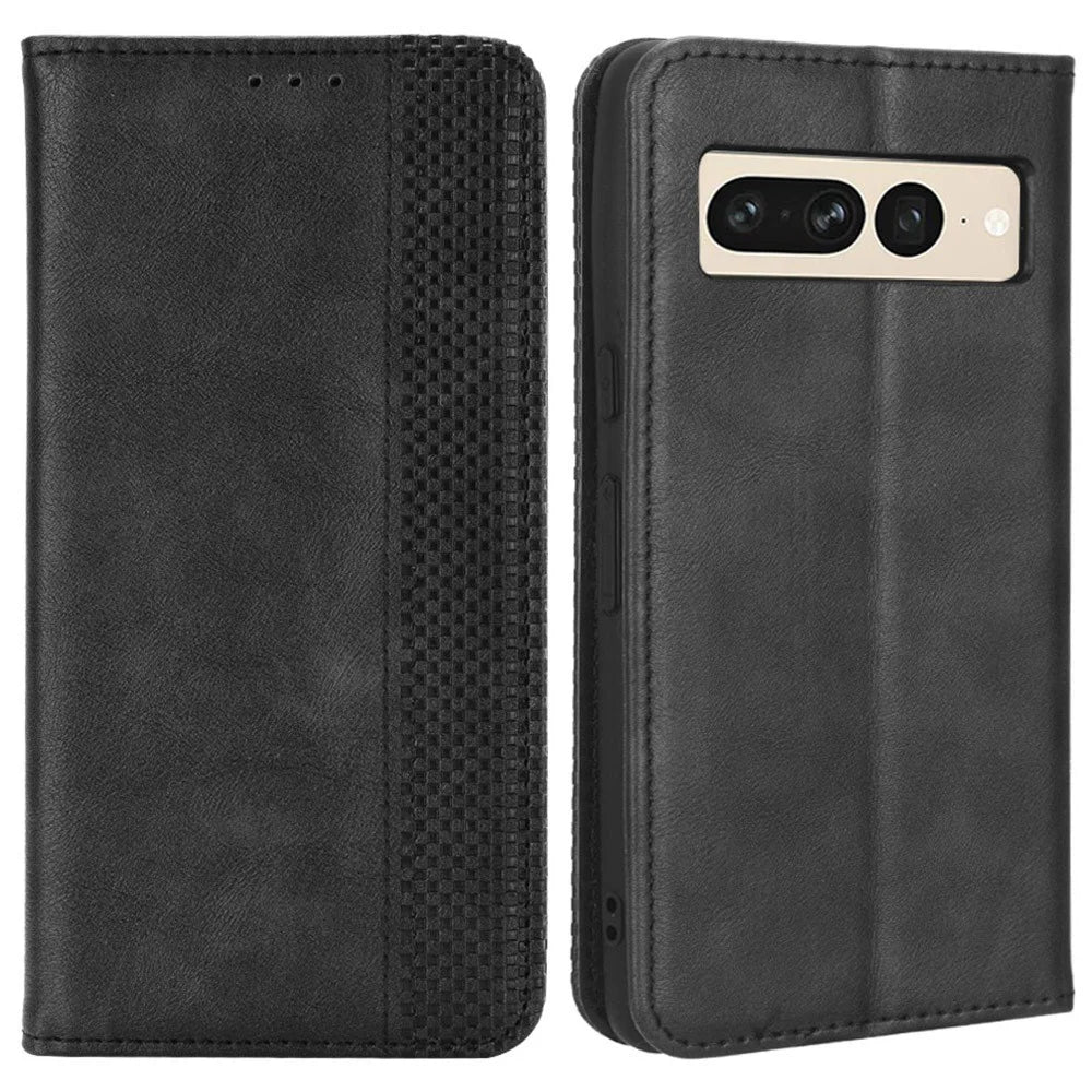 For Google Pixel 7 Pro 5G Retro Imprint Pattern Magnetic Auto Closing Phone Case Anti-shock Folio Flip Leather Wallet Cover with Stand - Black - 1