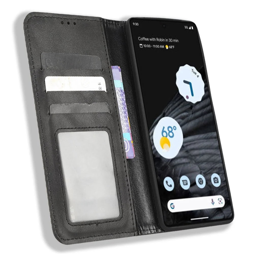 For Google Pixel 7 Pro 5G Retro Imprint Pattern Magnetic Auto Closing Phone Case Anti-shock Folio Flip Leather Wallet Cover with Stand - Black - 2