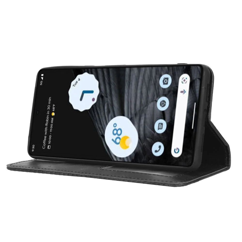 For Google Pixel 7 Pro 5G Retro Imprint Pattern Magnetic Auto Closing Phone Case Anti-shock Folio Flip Leather Wallet Cover with Stand - Black - 3