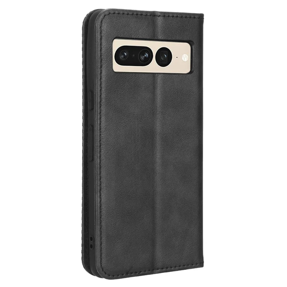 For Google Pixel 7 Pro 5G Retro Imprint Pattern Magnetic Auto Closing Phone Case Anti-shock Folio Flip Leather Wallet Cover with Stand - Black - 7