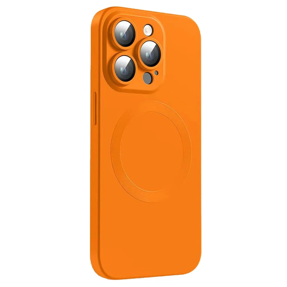 For iPhone 15 Pro Max Case Compatible with MagSafe Liquid Silicone Phone Cover with Tempered Glass Lens Protector - Orange - 1