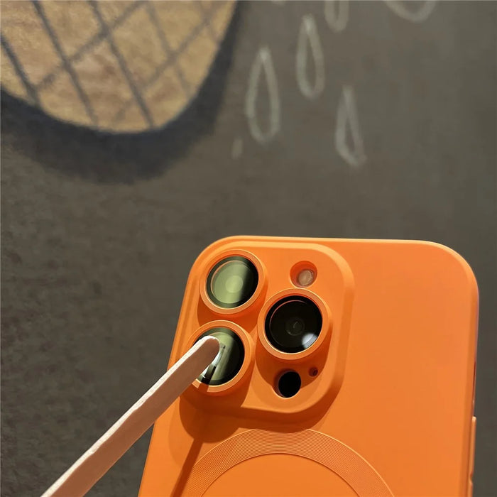 For iPhone 15 Pro Max Case Compatible with MagSafe Liquid Silicone Phone Cover with Tempered Glass Lens Protector - Orange - 5