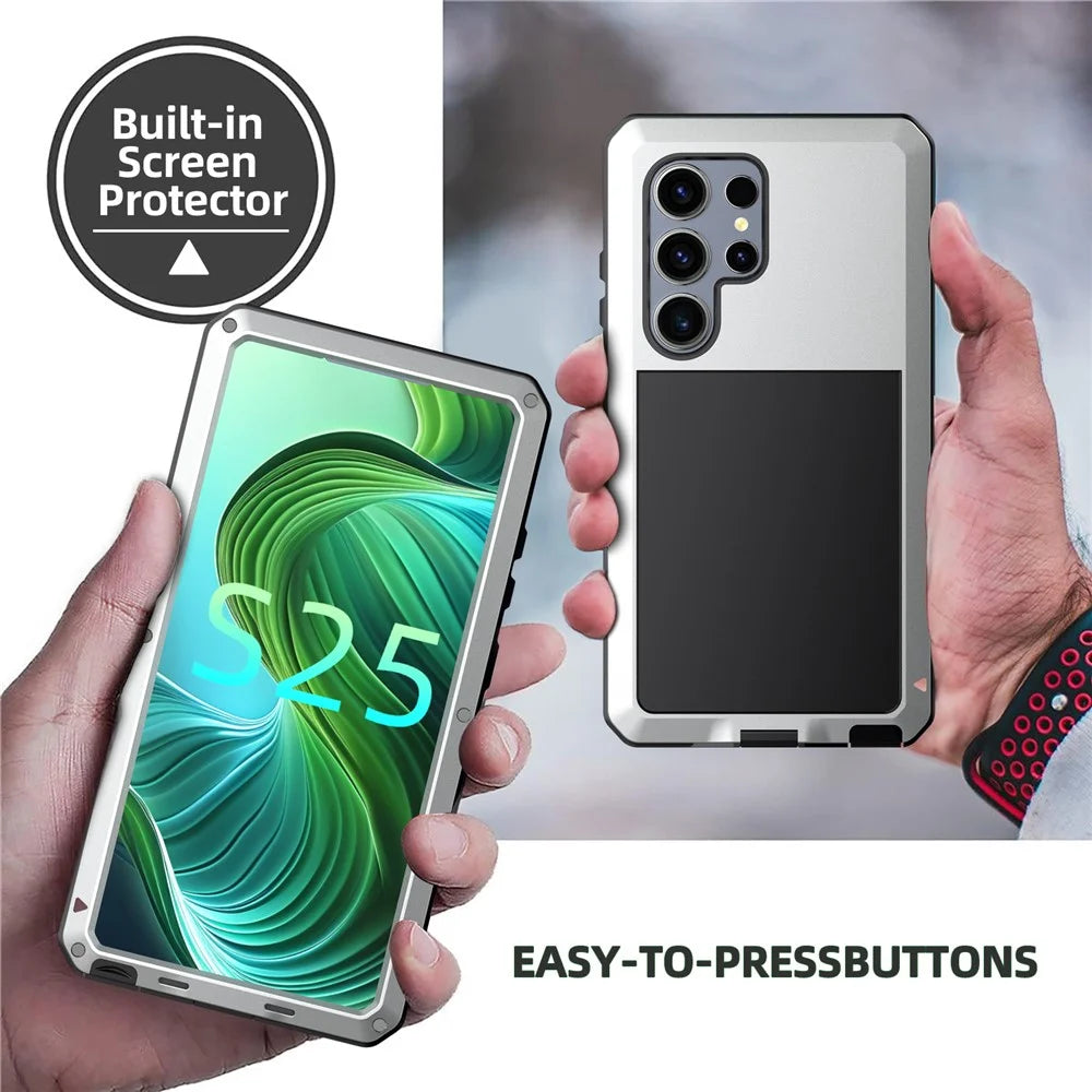 For Samsung Galaxy S25 Ultra Case Silicone + Metal Anti-Drop Phone Cover with Tempered Glass Film - Silver - 5