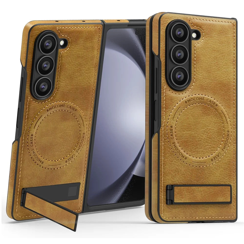For Samsung Galaxy Z Fold5 5G Magnetic Case with Folded Kickstand PC Silicone Leather Phone Back Cover  - Brown - 1