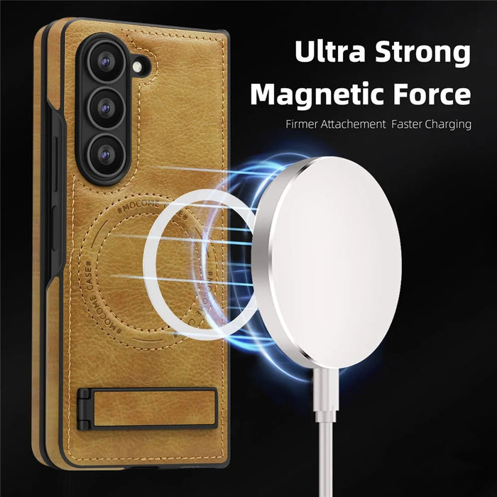 For Samsung Galaxy Z Fold5 5G Magnetic Case with Folded Kickstand PC Silicone Leather Phone Back Cover  - Brown - 2