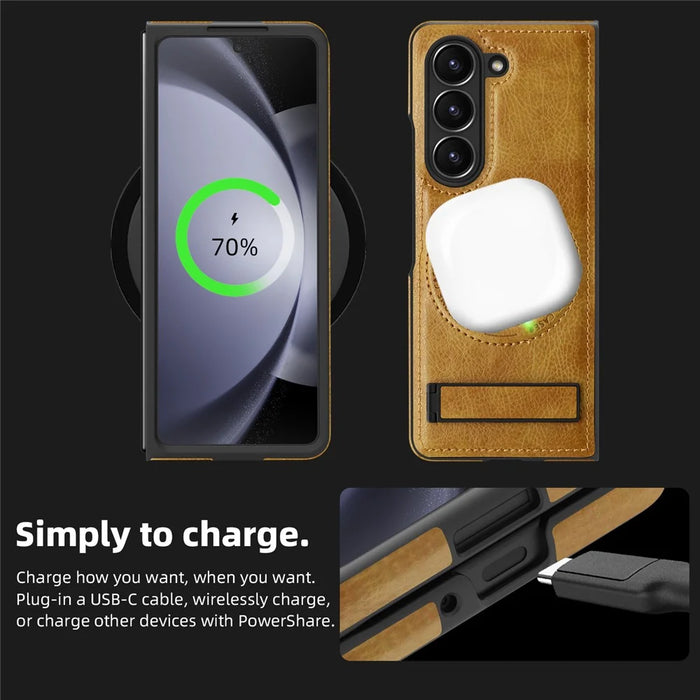 For Samsung Galaxy Z Fold5 5G Magnetic Case with Folded Kickstand PC Silicone Leather Phone Back Cover  - Brown - 3