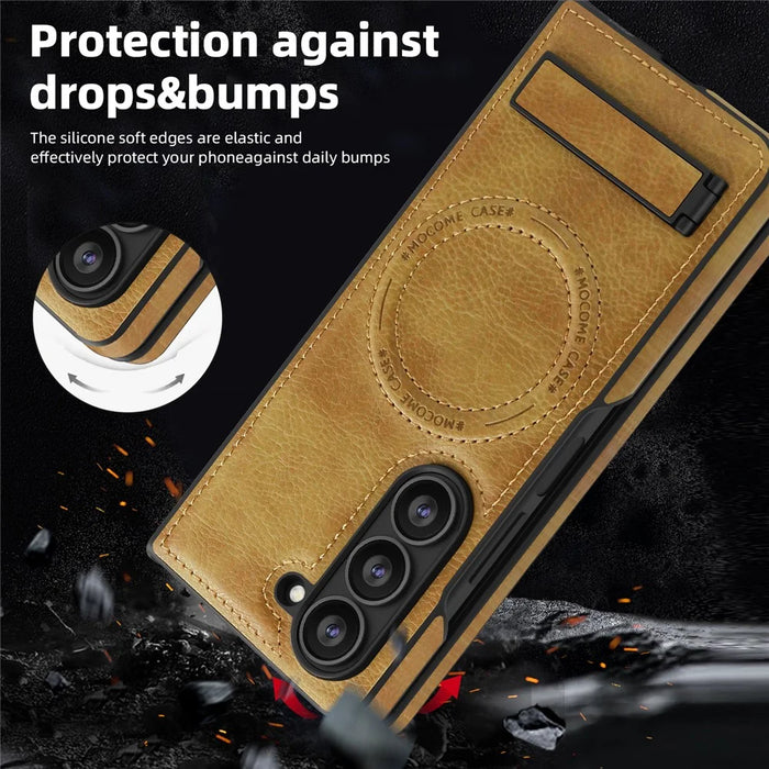 For Samsung Galaxy Z Fold5 5G Magnetic Case with Folded Kickstand PC Silicone Leather Phone Back Cover  - Brown - 5